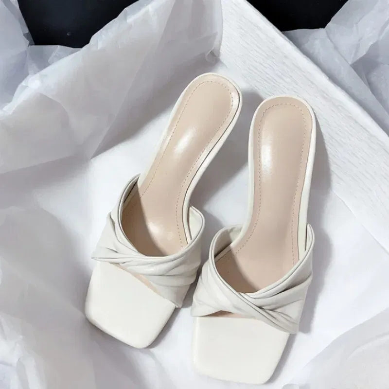 Color: light yellow, Shoe Size: 43 - Fashion Summer Women Shoes New Handmade Square Open Toe High Heels Outdoor Fashion Slippers Apricot Off White