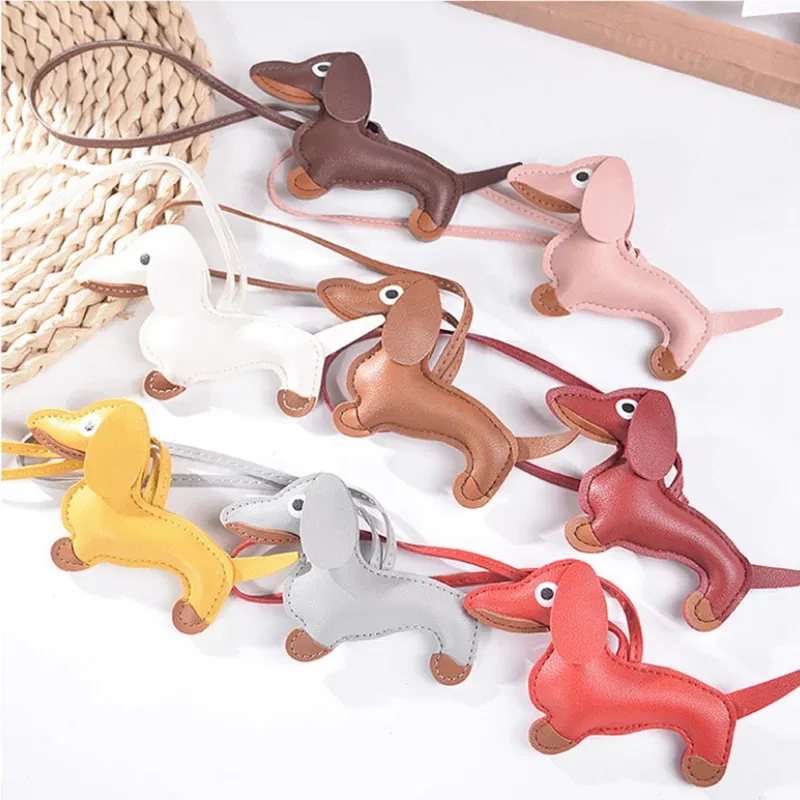 Color: Orange - Classic Cute Puppy Dog Bag Pendant Key chain Fashion PU Leather Dachshund key Ring Accessories