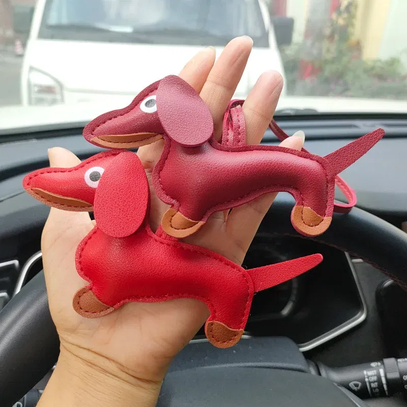 Color: Orange - Classic Cute Puppy Dog Bag Pendant Key chain Fashion PU Leather Dachshund key Ring Accessories