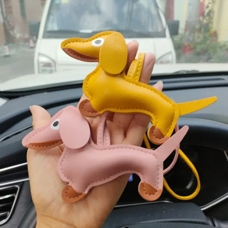 Color: Orange - Classic Cute Puppy Dog Bag Pendant Key chain Fashion PU Leather Dachshund key Ring Accessories