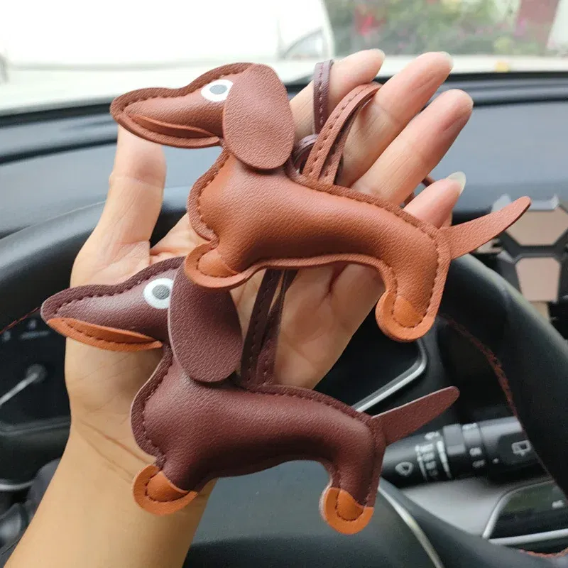 Color: Orange - Classic Cute Puppy Dog Bag Pendant Key chain Fashion PU Leather Dachshund key Ring Accessories