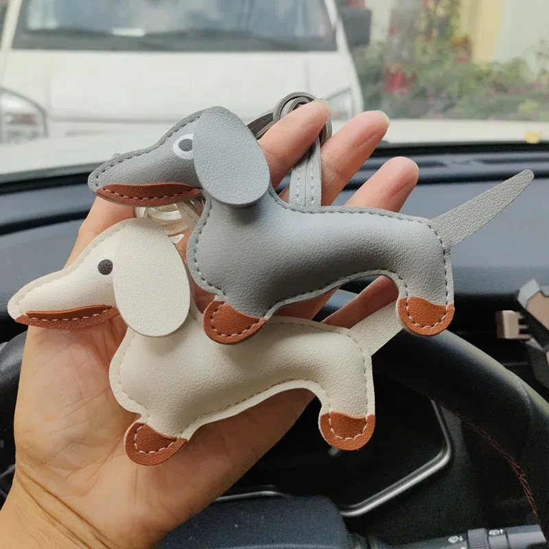 Color: Orange - Classic Cute Puppy Dog Bag Pendant Key chain Fashion PU Leather Dachshund key Ring Accessories