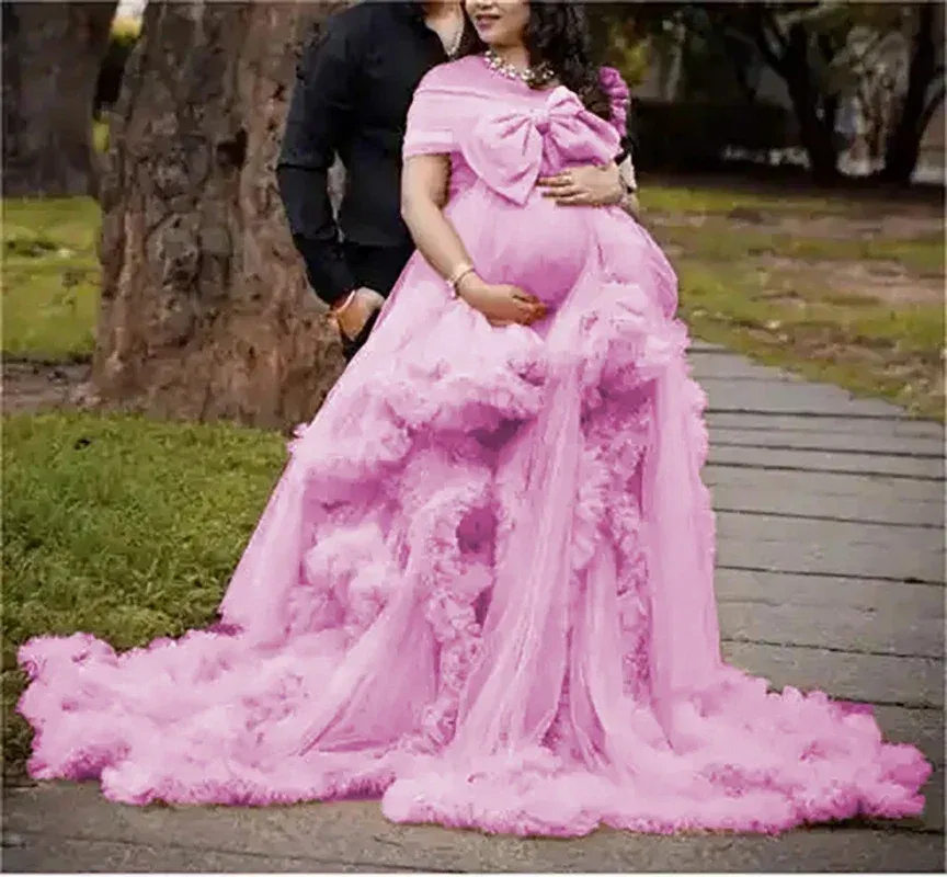Color: Pink, Maternity Size: 12, Ships From: CHINA - BIG BOW Tulle Ruffle maternity dresses photoshoot baby shower п?»?°?‚ь?µ д?»я ?±?µр?µм?µнн?‹?… فس?§تي?† ?­?