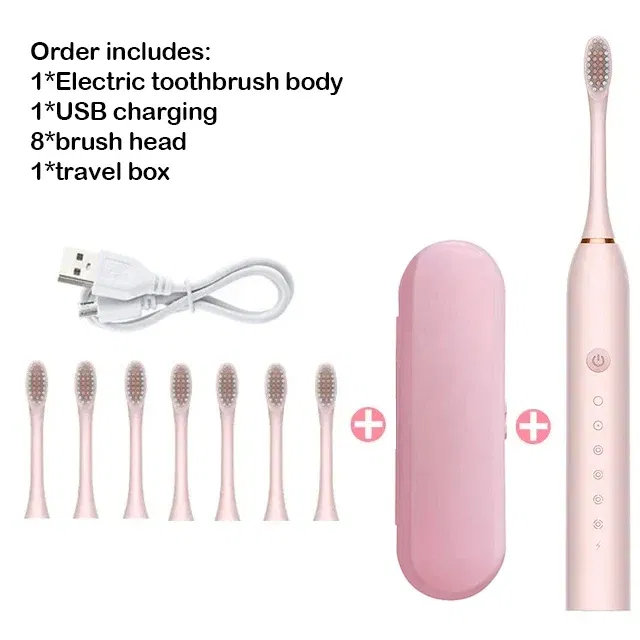 Color: Beige - Sonic Electric Toothbrush Adult Smart Timing Tooth Brush Teeth Clean Whitening Fast USB Rechargeable Toothbrush Replacement Head