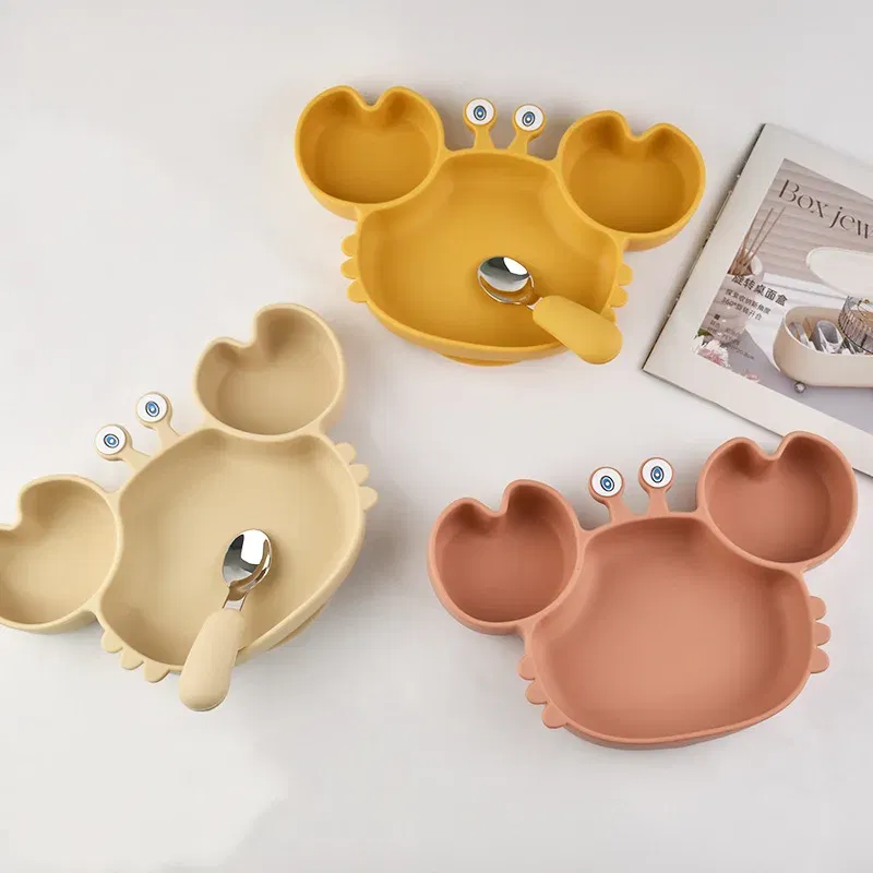 Color: Brown, Ships From: CHINA - Baby Bowls Plates Fork spoon Set Silicone Suction Feeding Food Tableware BPA Free Non-Slip Baby Dishes Crab Food Feeding Bowl
