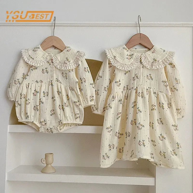 Color: PURPLE, Size: Mother 6XL - Spring Baby Girls Long Sleeve Sweet Sisters Flower Print Dress Autumn Infant Rompers Kids Baby Girls Princess Clothes Rompers