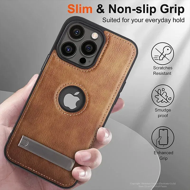 Color: Beige, Material: Polyester - PU Leather Kickstand Phone Cases for iPhone 15 Pro Max 14 Plus 11 13 12 Mini Mobile Case with Holder Luxury Slim Shell Cover