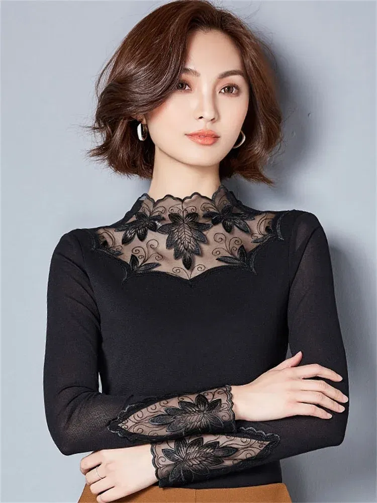 Color: Khaki, Size: XL - Hollow Out Women Spring Autumn Style Lace Blouses Shirts Casual Long Sleeve Patchwork Spliced Turtleneck Blusas Tops DF1491