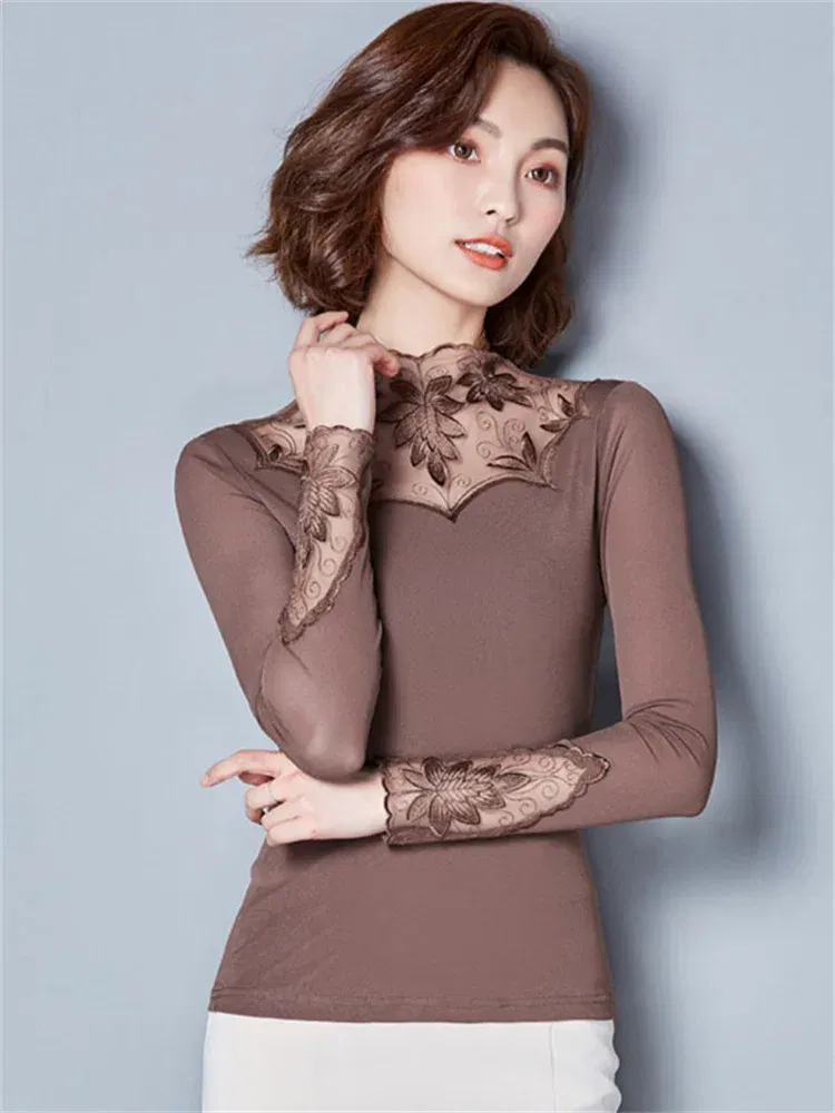 Color: Khaki, Size: XL - Hollow Out Women Spring Autumn Style Lace Blouses Shirts Casual Long Sleeve Patchwork Spliced Turtleneck Blusas Tops DF1491