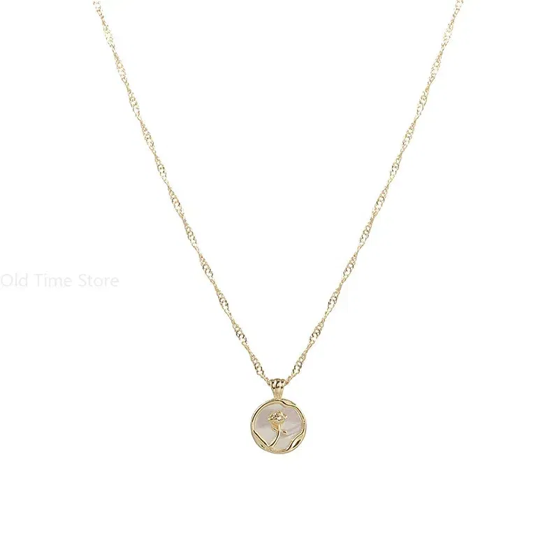 New Irregular Round Shell Metal Rose Pendant Stainless Steel Necklace for Women's Vintage Clavicle Chain Party Luxury Jewelry