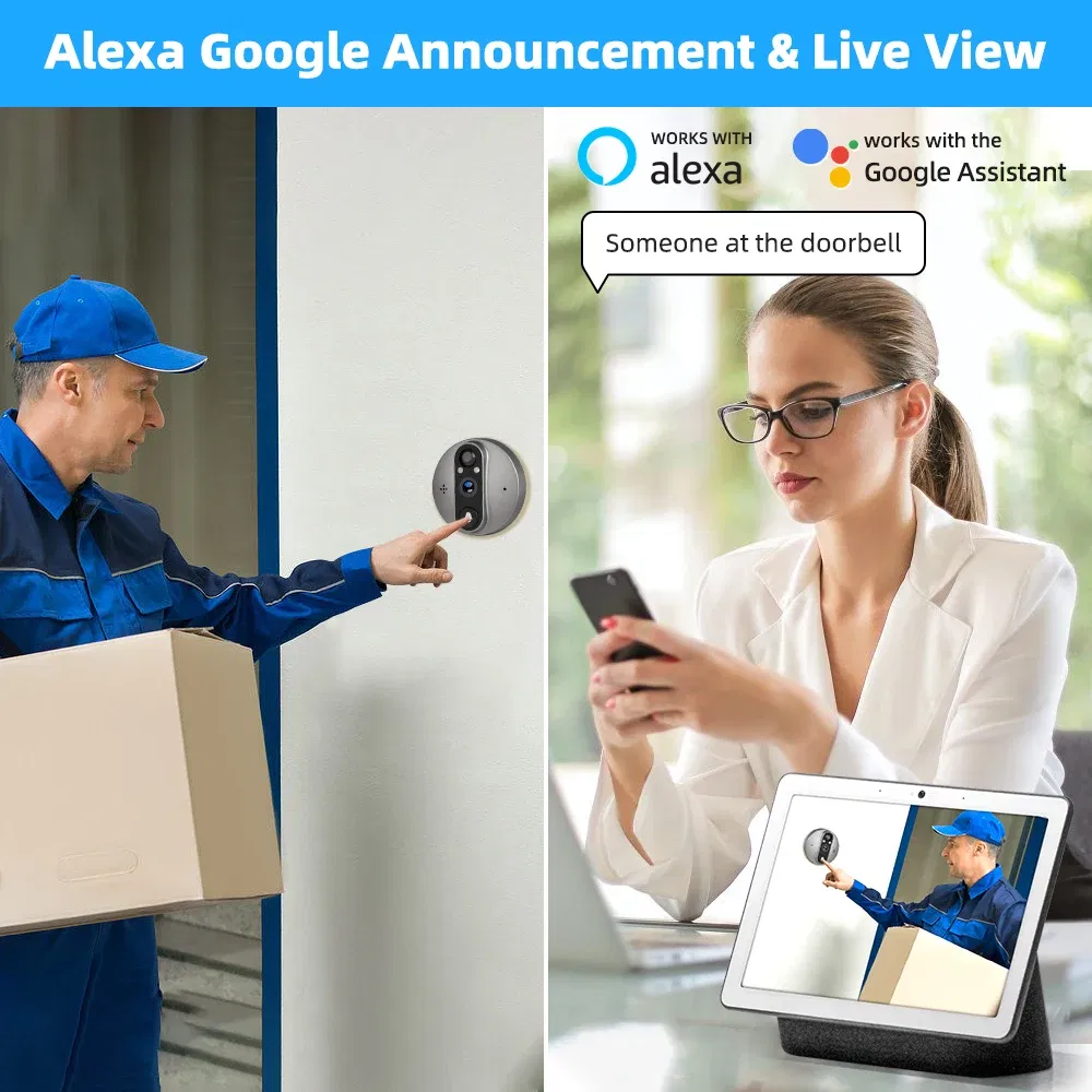 Tuya Smart Life APP Home Battery WiFi Video Digital Door Peephole Viewer PIR IR Door Bell Magic Eye FHD Camera Alexa