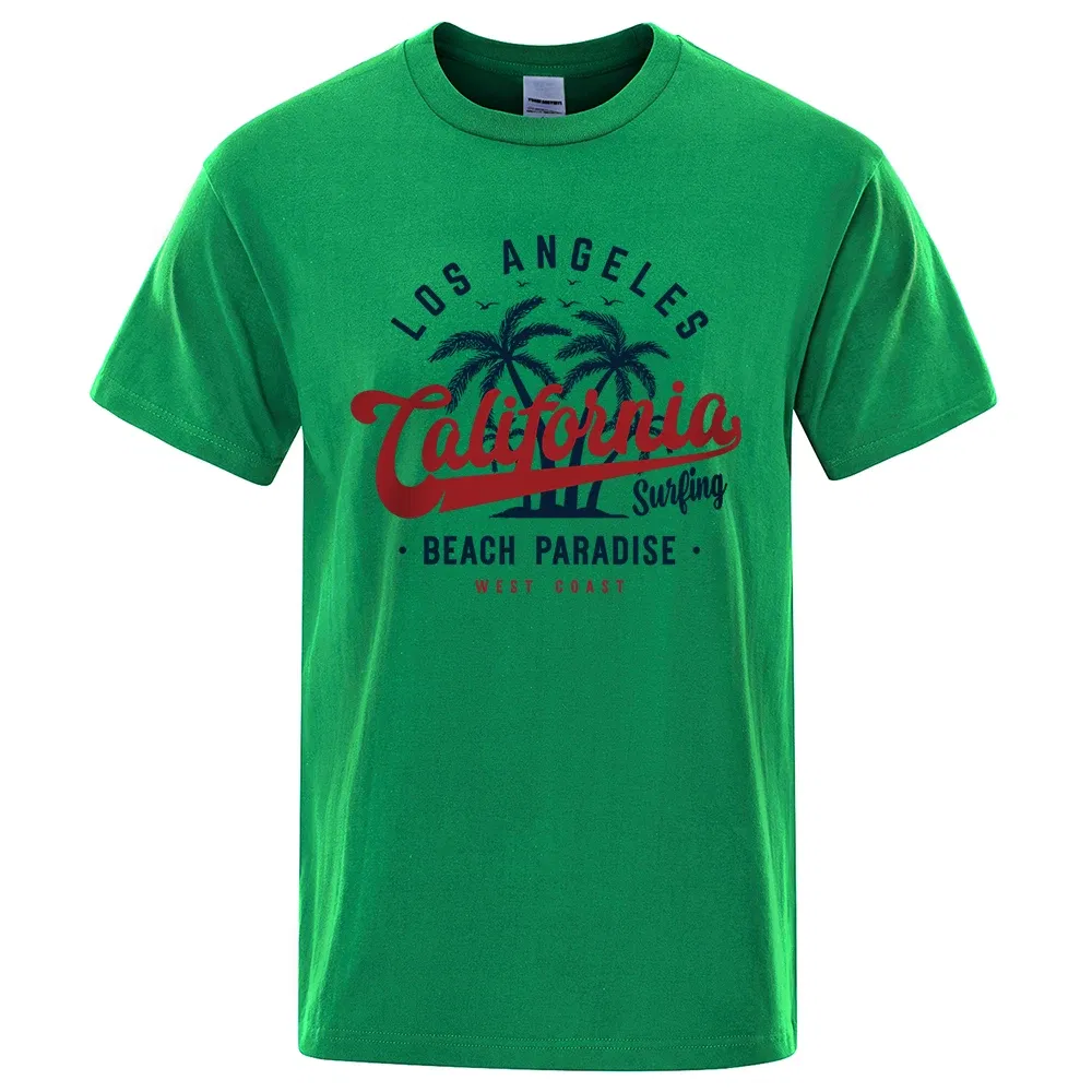 Color: green, Size: XL - Los Angeles California Beach Paradise Men Tops Fashion Crewneck T Shirt Cotton Summer T-Shirt Breathable Oversize Clothes