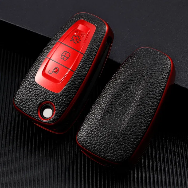Color Name: Blue - Leather TPU Car Key Case Cover for Ford Ranger C-Max S-Max Focus Galaxy Mondeo Transit Tourneo Custom Auto Key Holder Keychain