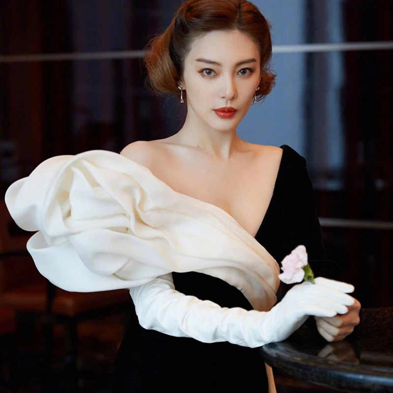 Color: WHITE, Gloves Size: XL - 50cm New Genuine Leather White Women's High Grade Party Mittens Sheepskin Lady Winter Velvet long Gloves Creamy Ivory Snow White