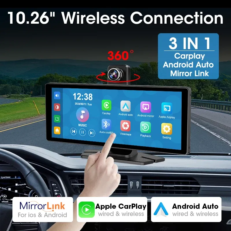 Color: green, Ships From: CHINA - Universal 10.26" Portable Carplay Car Screen Wireless Carplay Screen Wireless Car Stereo Carplay Android Auto Car Touchscreen
