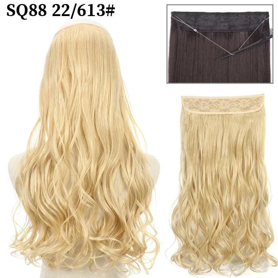 Color: P2/613, Stretched Length: 16inches, Ships From: CHINA - Synthetic Natural Wavy No Clip Fish Line Invisible Hair Extensions Mixed Color Blonde Black Artificial False Hair Piece ForWomen