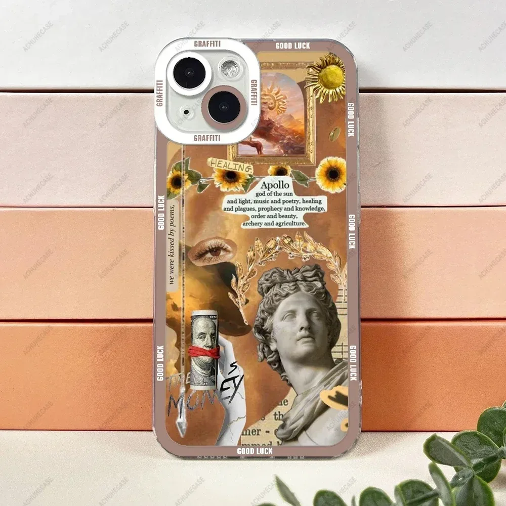 Color: Gold, Material: Other - Aesthetic Statue Art Phone Case For iPhone 16 15 14 13 12 11 Pro Max XS X XR Plus Mini Luxury Transparent Soft Funda