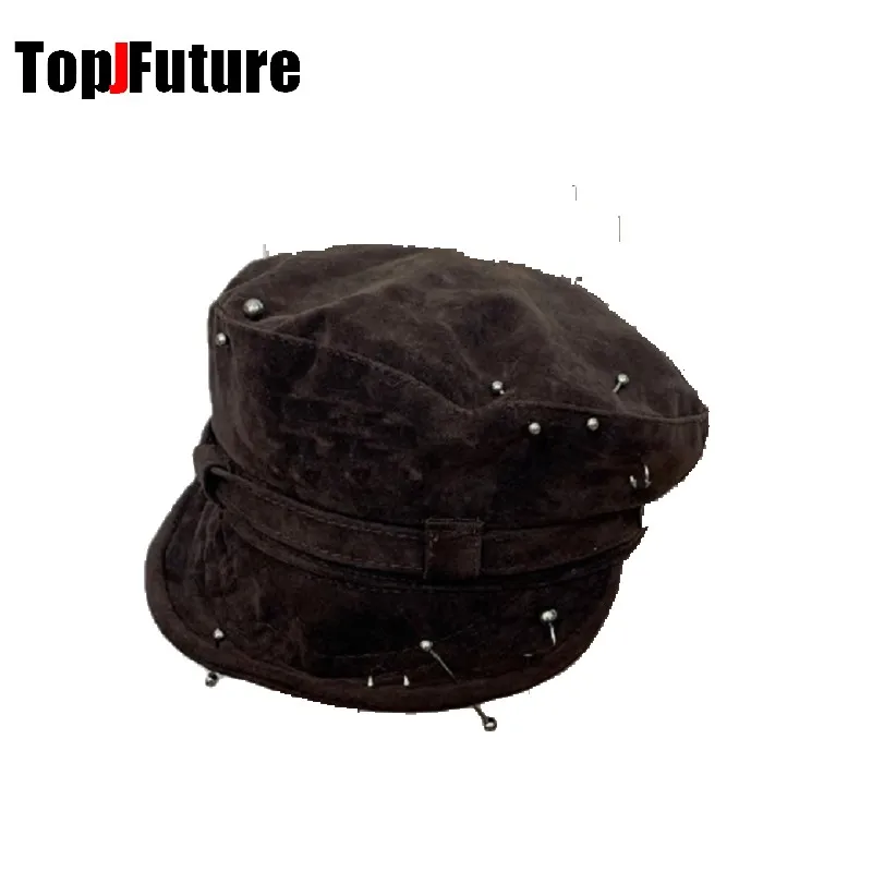 Color: Brown - Harajuku Gothic Women's Summer Hip Pop Cap Beret Hat Y2k Girl Punk Accessories puncture suede baseball Cap Sun Hat Newspaper hat
