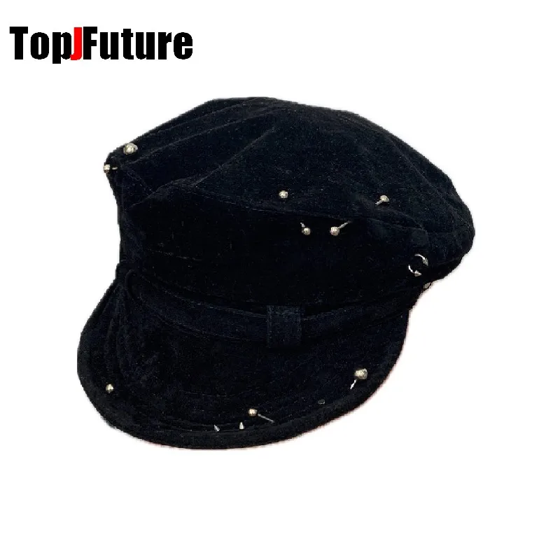 Color: Brown - Harajuku Gothic Women's Summer Hip Pop Cap Beret Hat Y2k Girl Punk Accessories puncture suede baseball Cap Sun Hat Newspaper hat