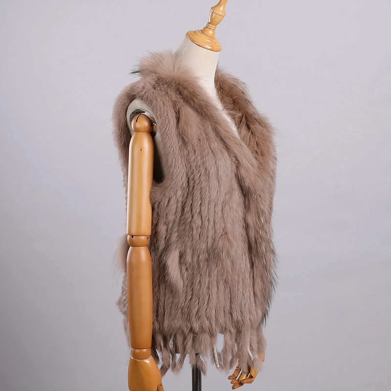 Color: Champagne, Size: L - Luxury Women's Genuine Premium Long Hair Rabbit Fur Knit Vest Raccoon Fur Trim Gilet Lady Sleeveless Waistcoat Real Fur Jacket