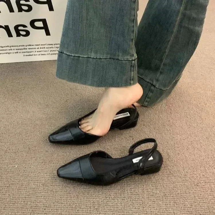 Color: black, Shoe Size: 37 - 24Low Heel Baotou Sandals Women's French Nude Color Pointed Small Fragrant Style Ladies Thick Heels Back Air Style Single Shoes