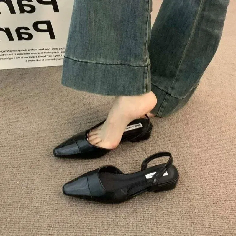 Color: black, Shoe Size: 37 - 24Low Heel Baotou Sandals Women's French Nude Color Pointed Small Fragrant Style Ladies Thick Heels Back Air Style Single Shoes