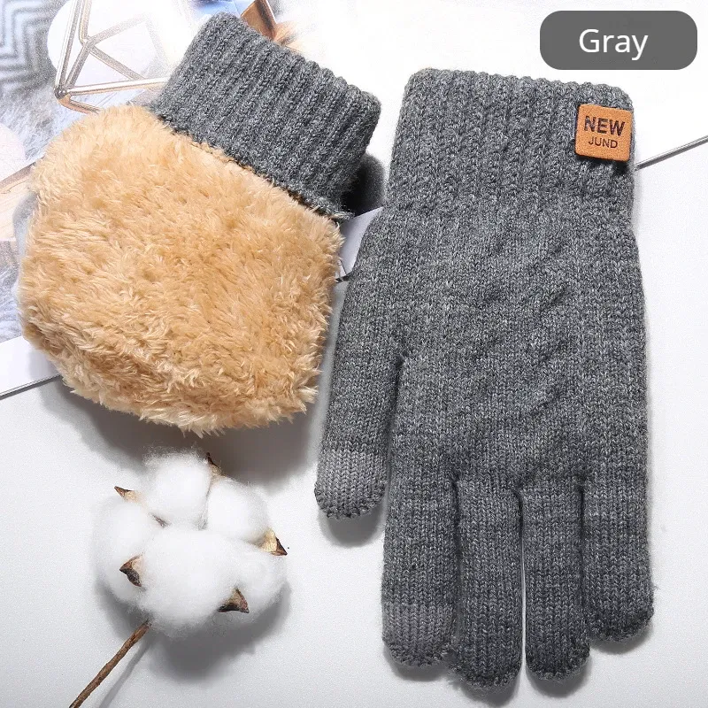 Color: Light Grey, Gloves Size: One Size - Wholesale Fleece Lined Fashion Warm Black Cable Knitted Winter Touch Screen Gloves