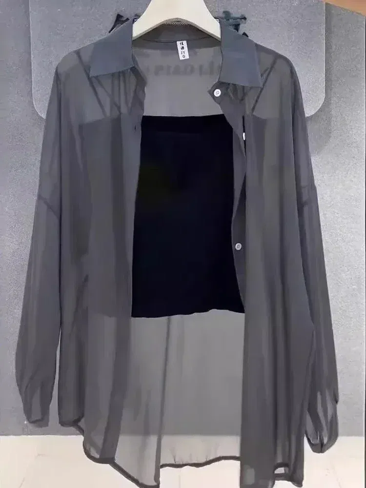 Size: 2XL, Color: Natural - Plus Size Women?™s Shirts 2025 Summer Breathable and Sun-Proof Ice Silk with Button Thin Loose Sheer Chiffon Blouses Long Sleeve