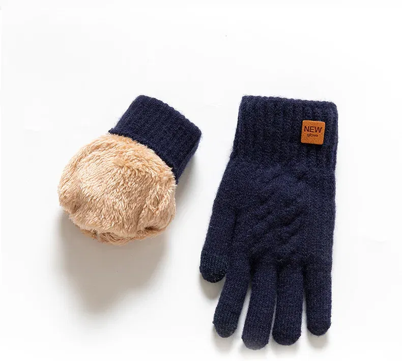 Color: army green, Gloves Size: One Size - Fleece Lined Fashion Warm Women Men Black Cable Knitted Winter Touch Screen Gloves