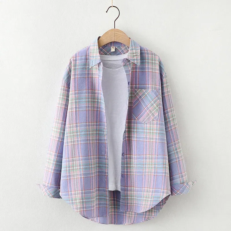 Color: dark green, Size: XS - Fresh Flannel Plaid Shirt Women 2025 New Female Blouses and Tops Cotton Loose Long Sleeve Casual Shirts Fine Women's Clothes