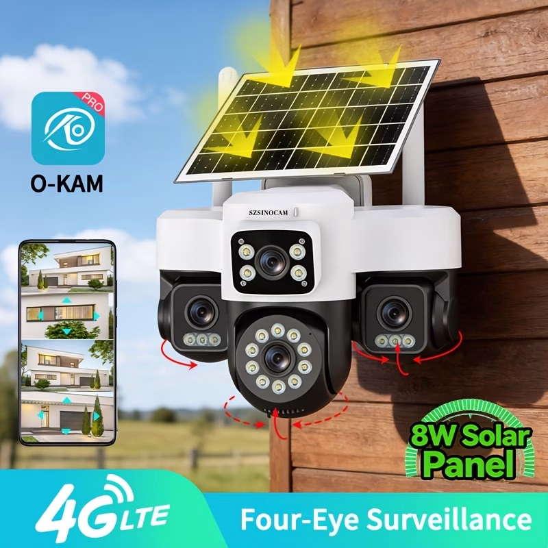 SZSINOCAM® 4 Lens 4 Screens AOV 4G Camera – Outdoor Solar-Powered Security Camera with 360° Pan/Tilt Rotation