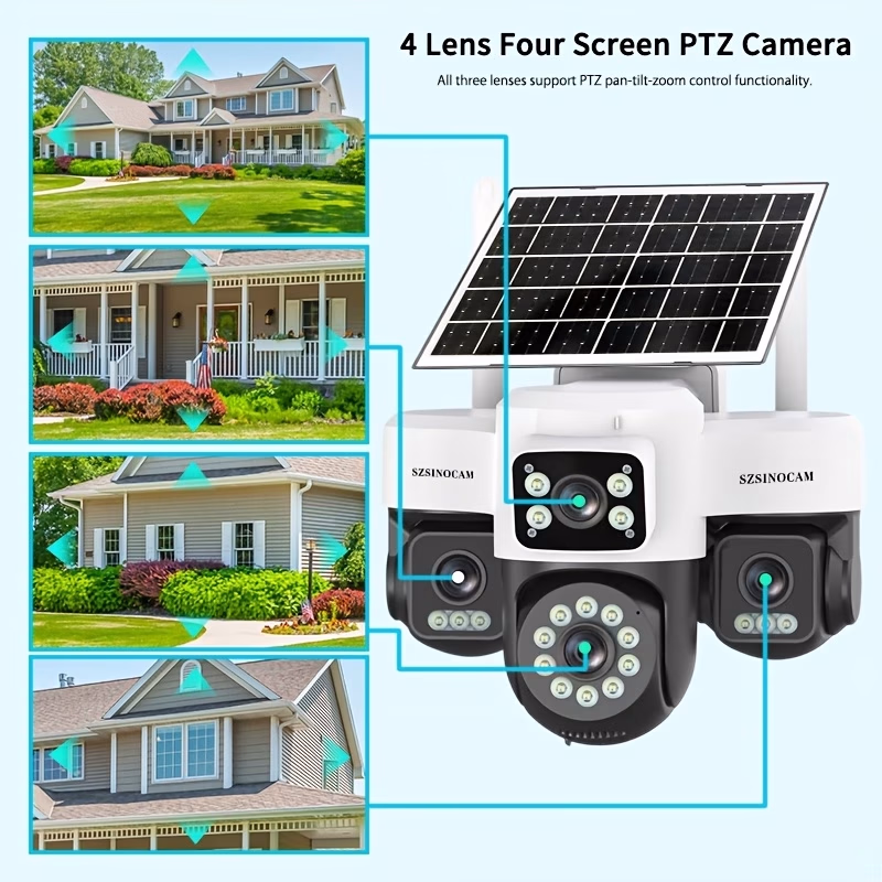 SZSINOCAM® 4 Lens 4 Screens AOV 4G Camera – Outdoor Solar-Powered Security Camera with 360° Pan/Tilt Rotation