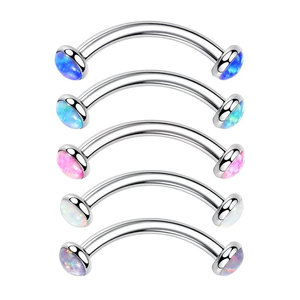 Metal color: Titanium Plated, Main Stone Color: GRAY - 3/4/5mm Opal Steel Eyebrow Ring Internally Threaded 6mm -14mm Bar Curved Barbell Monroe Lip Stud Ear Tragus Piercing