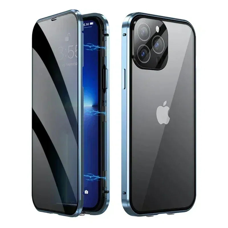 Color: Blue, Material: Microfiber - Double-Sided Privacy Magnetic Case For iPhone 16 12 13 14 15 11 Pro Max 14 Plus 16 Plus Anti Peeping Full Cover Metal Frame Case