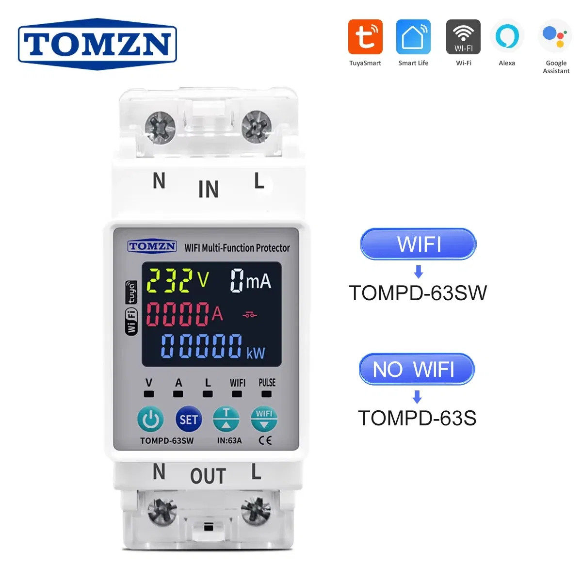Rated Current: 60A - TOMZN 63A 110V 230V  WIFI Smart Switch smartlife Kwh Metering Circuit Breaker Timer with voltage current and leakage protection