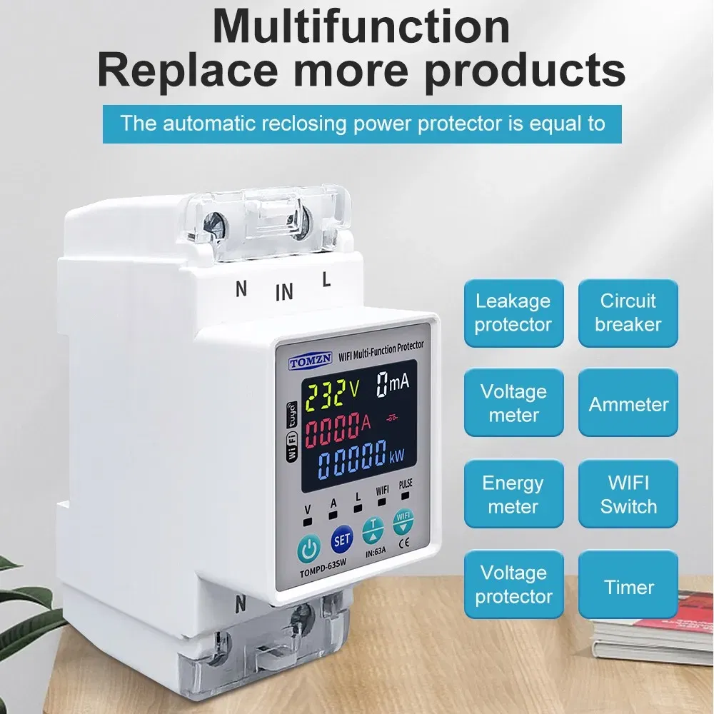 Rated Current: 60A - TOMZN 63A 110V 230V  WIFI Smart Switch smartlife Kwh Metering Circuit Breaker Timer with voltage current and leakage protection
