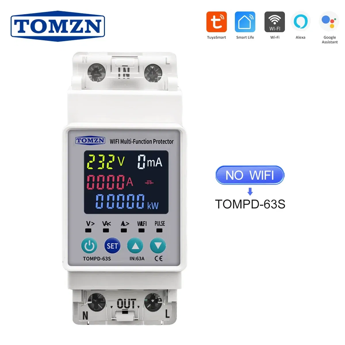 Rated Current: 60A - TOMZN 63A 110V 230V  WIFI Smart Switch smartlife Kwh Metering Circuit Breaker Timer with voltage current and leakage protection