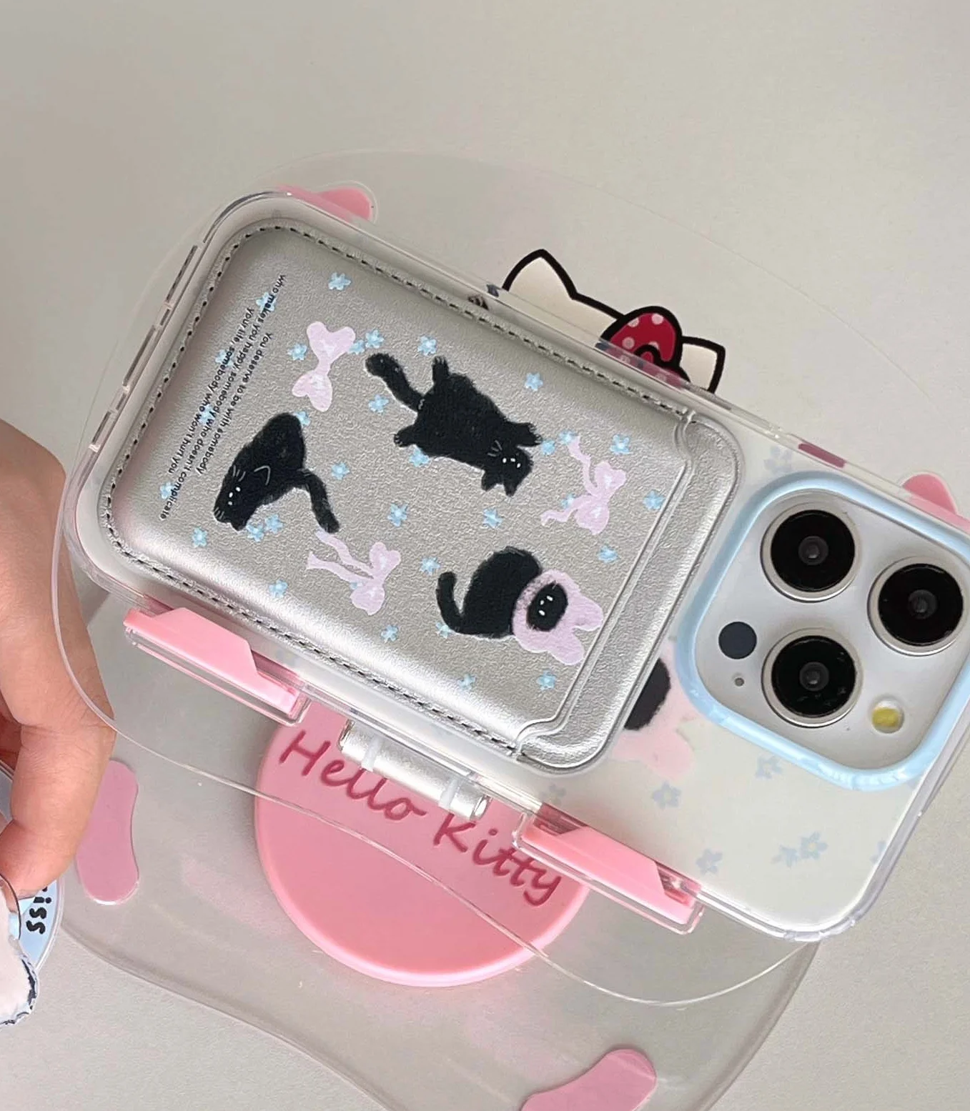 Color: SKY BLUE, Material: Vinyl - Cute Black Cat, Pink Bow, Blue Flower Magnetic Card Holder Phone Case for IPhone 13 14 15 Pro Max 13Pro 16ProMax 14Pro 15Pro 12