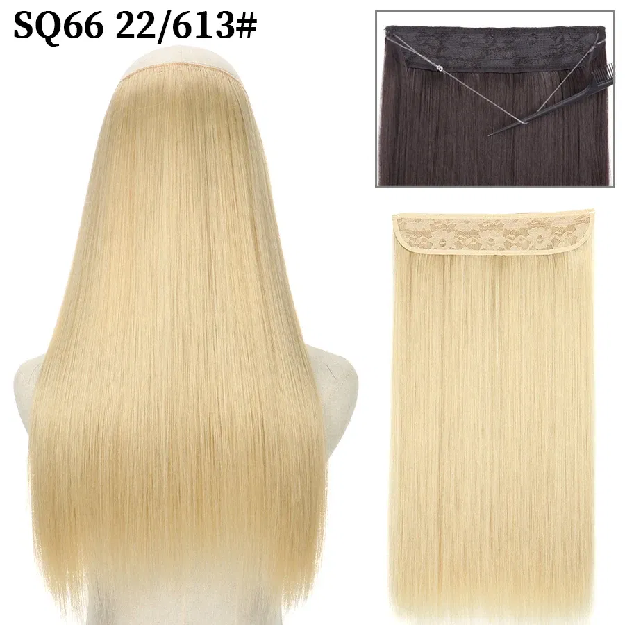 Color: #27, Stretched Length: 32inches, Ships From: CHINA - Synthetic Natural Wavy No Clip Fish Line Invisible Hair Extensions Mixed Color Blonde Black Artificial False Hair Piece ForWomen