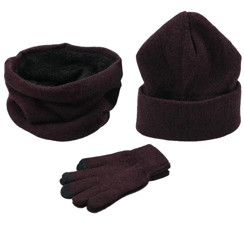 Color: Brown, Size: One Size - 3 Pieces/Set Winter Women Hats Scarves Gloves Kit Fashion Knitted Plus Velvet Hat Scarf Set For Male Female Beanies Scarf Gloves