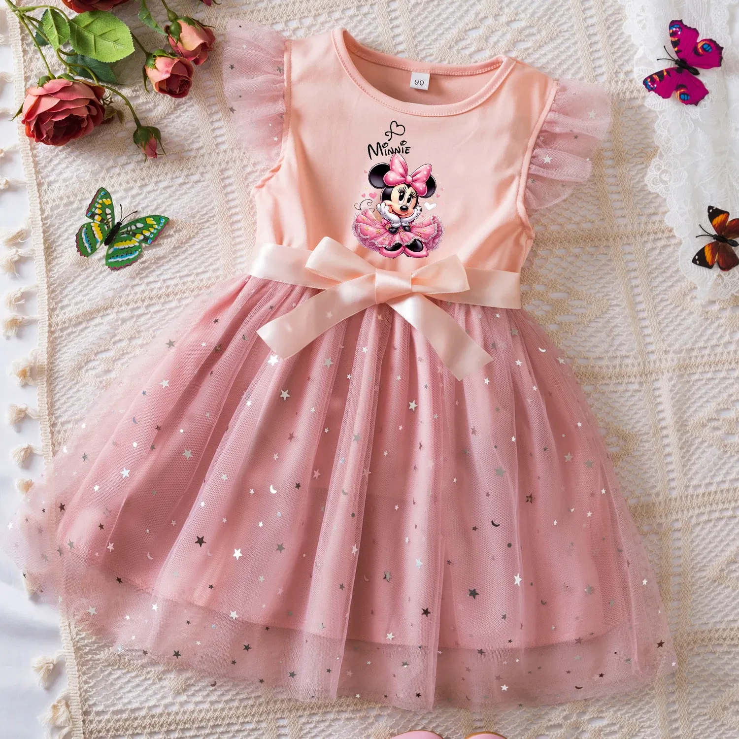 Color: Red, Size: XS - Mickey Minnie Mouse Girls Summer Clothes Flying Sleeves Bow Sequin Dress 2-6Y Kid Birthday Tutu Princess Dress for Baby Girl