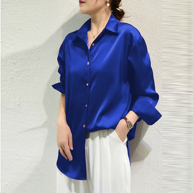 Color: Ivory, Size: L - All-match Satin Finish Shirts And Blouses Women Clothing Casual Top OL Long Sleeve Button Elegant Shirts French Solid Blouses