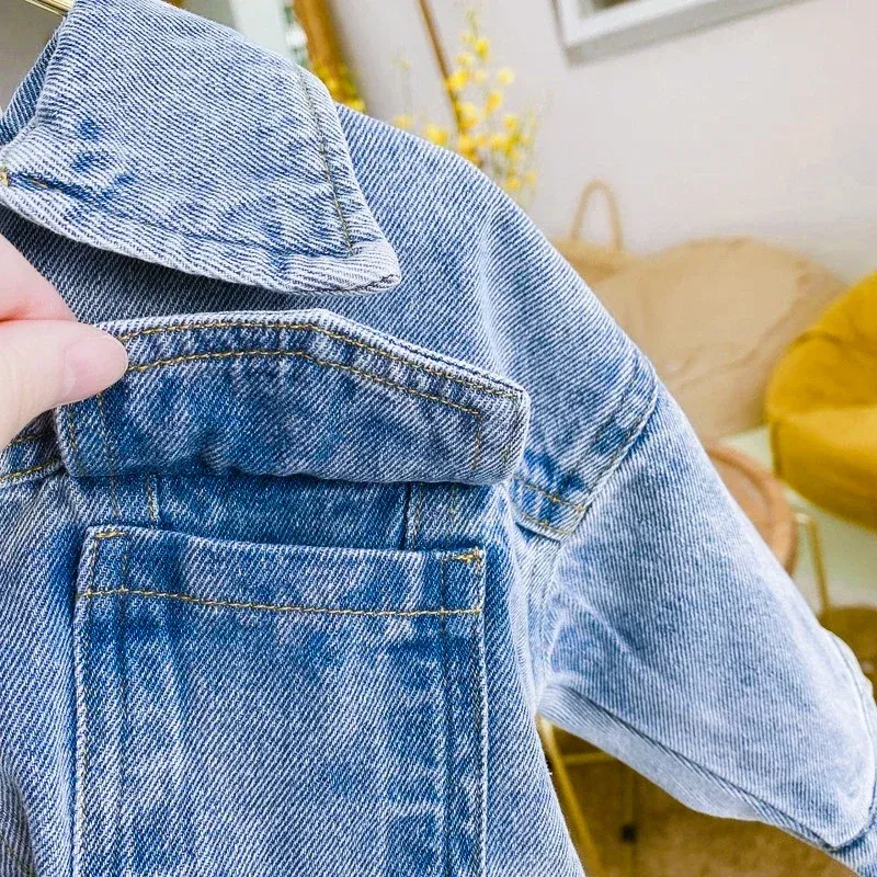 Color: Beige, Kid Size: 5 - 2022 Autumn Spring Fall Boys Casual Cartoon Denim Kids Jackets Turn-down Collar Long Sleeve Coat Girls Loose Tops for Teens