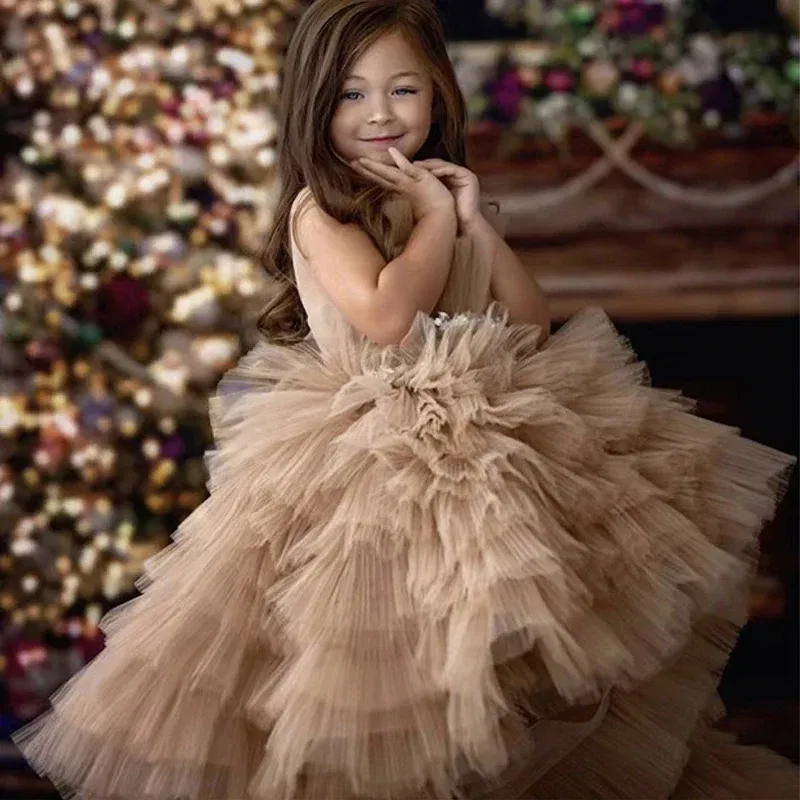 Kid Size: 4, Color: Coffee - Baby Girls Princess Dress Sleeveless High Waist Children Mesh Tutu Dresses Girls Birthday Party Clothing Kids Wedding Dress New