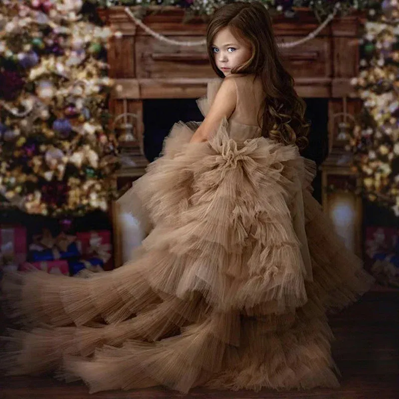 Kid Size: 4, Color: Coffee - Baby Girls Princess Dress Sleeveless High Waist Children Mesh Tutu Dresses Girls Birthday Party Clothing Kids Wedding Dress New