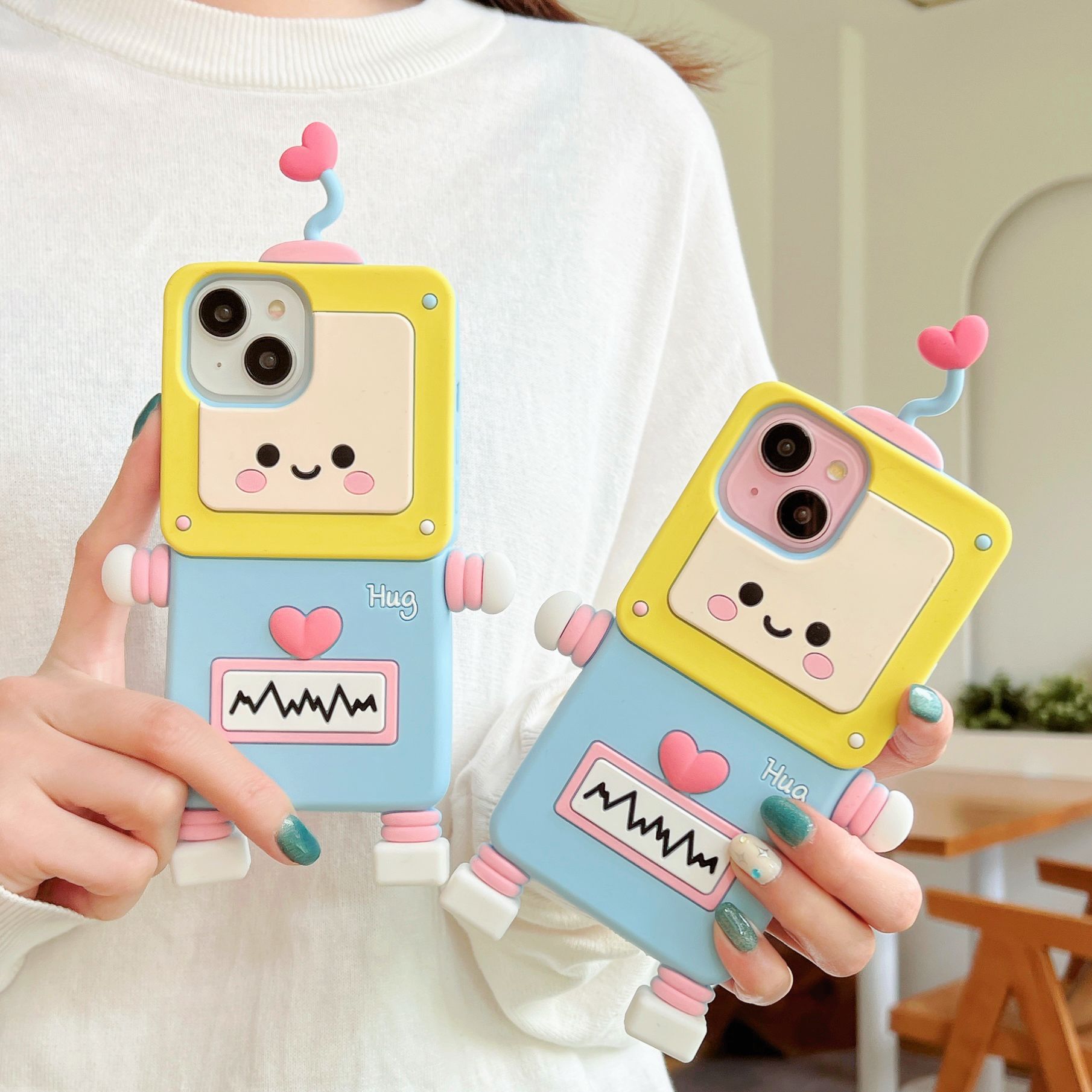 Material: Microfiber, Color: Beige - New Cartoon Love Antenna Robot Phone Case For iPhone 15 14 13 12 Pro Max 11 Drop Resistant Case Card