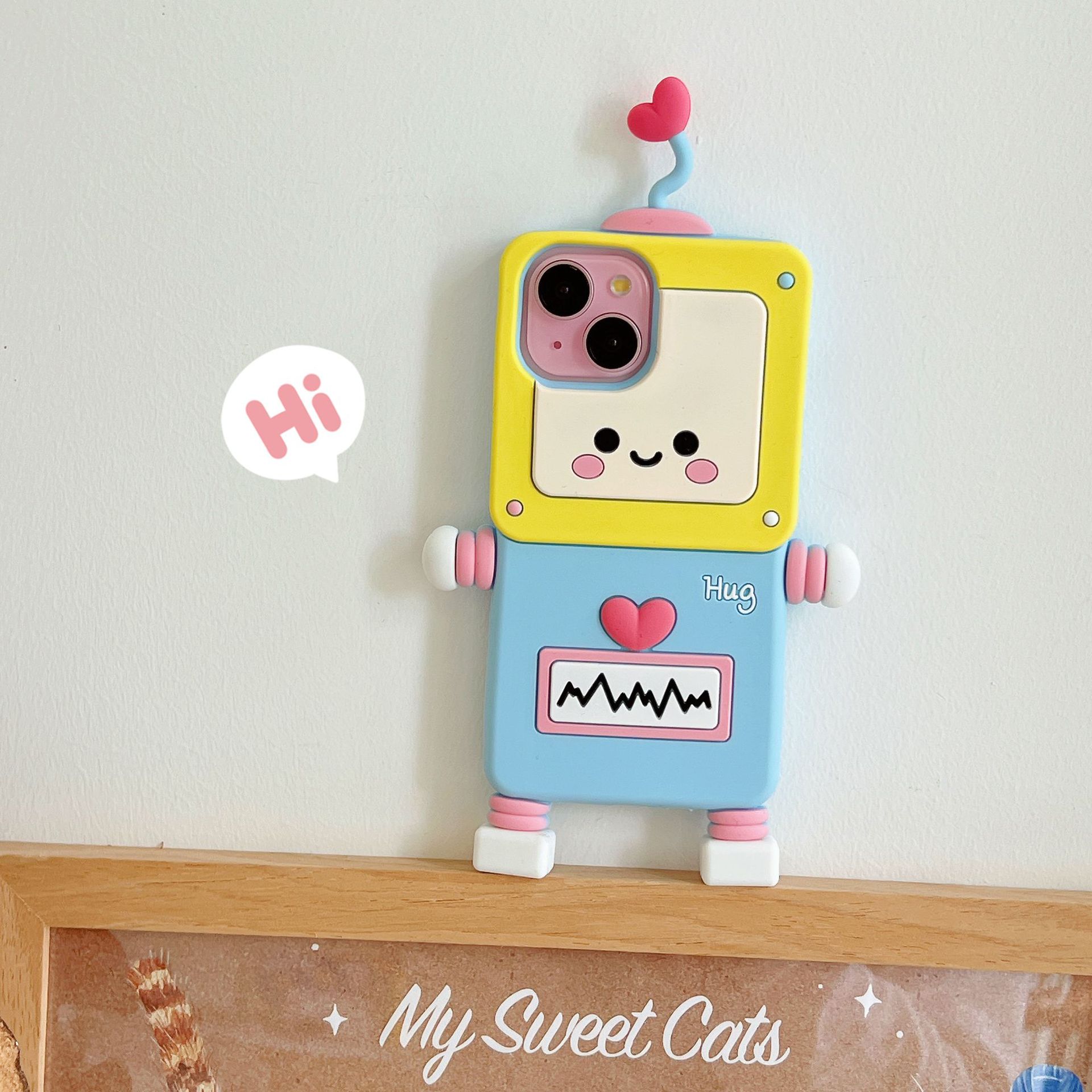 Material: Microfiber, Color: Beige - New Cartoon Love Antenna Robot Phone Case For iPhone 15 14 13 12 Pro Max 11 Drop Resistant Case Card