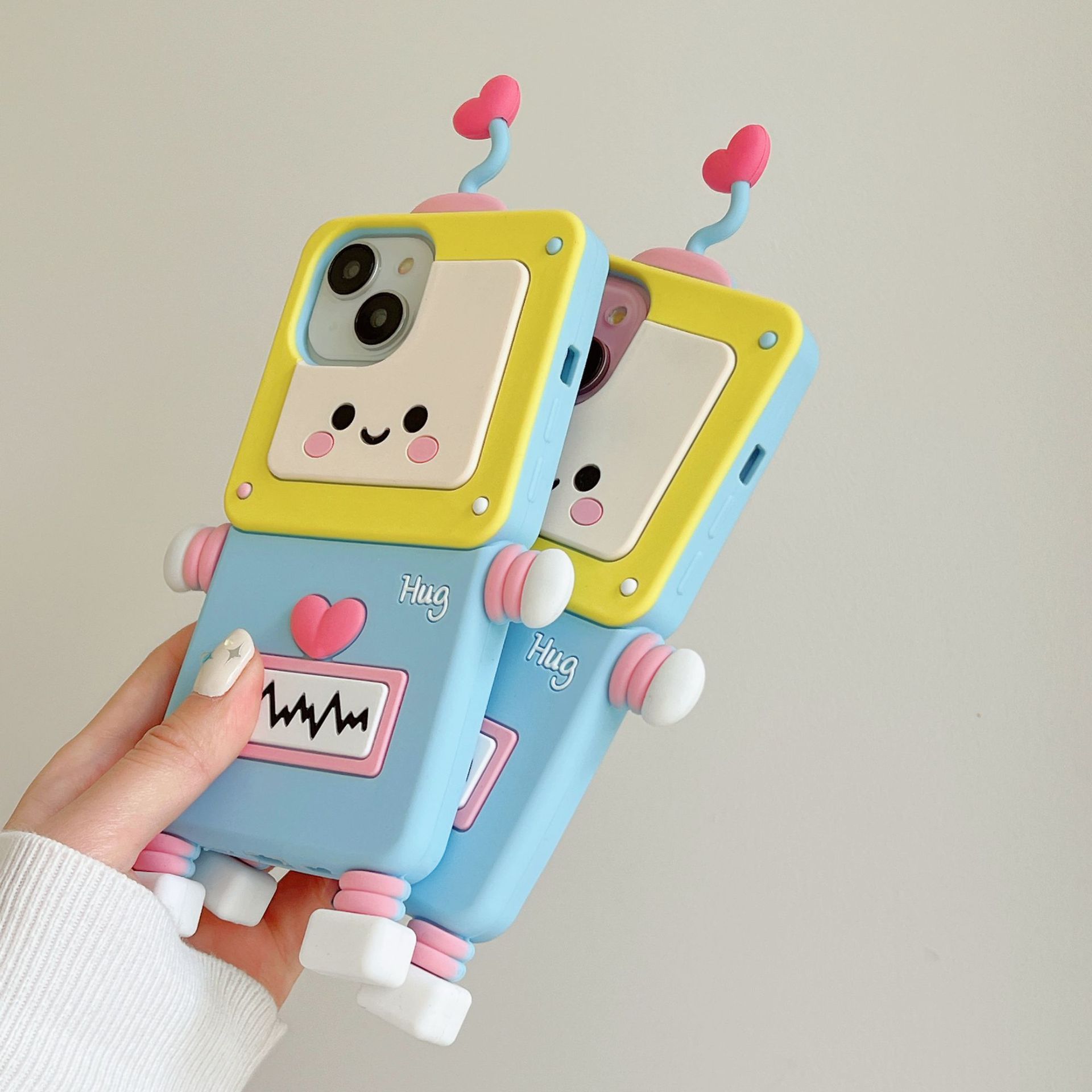Material: Microfiber, Color: Beige - New Cartoon Love Antenna Robot Phone Case For iPhone 15 14 13 12 Pro Max 11 Drop Resistant Case Card