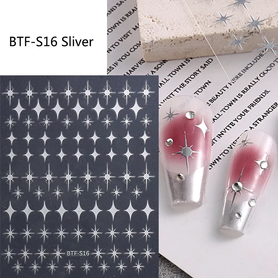 Color: Burgundy - Sliver Stars Nails Stickers 3D Bronzing Laser White Cross Starlight Glossychic Y2k Stylish Adhesive Manicure Decorations SO-167