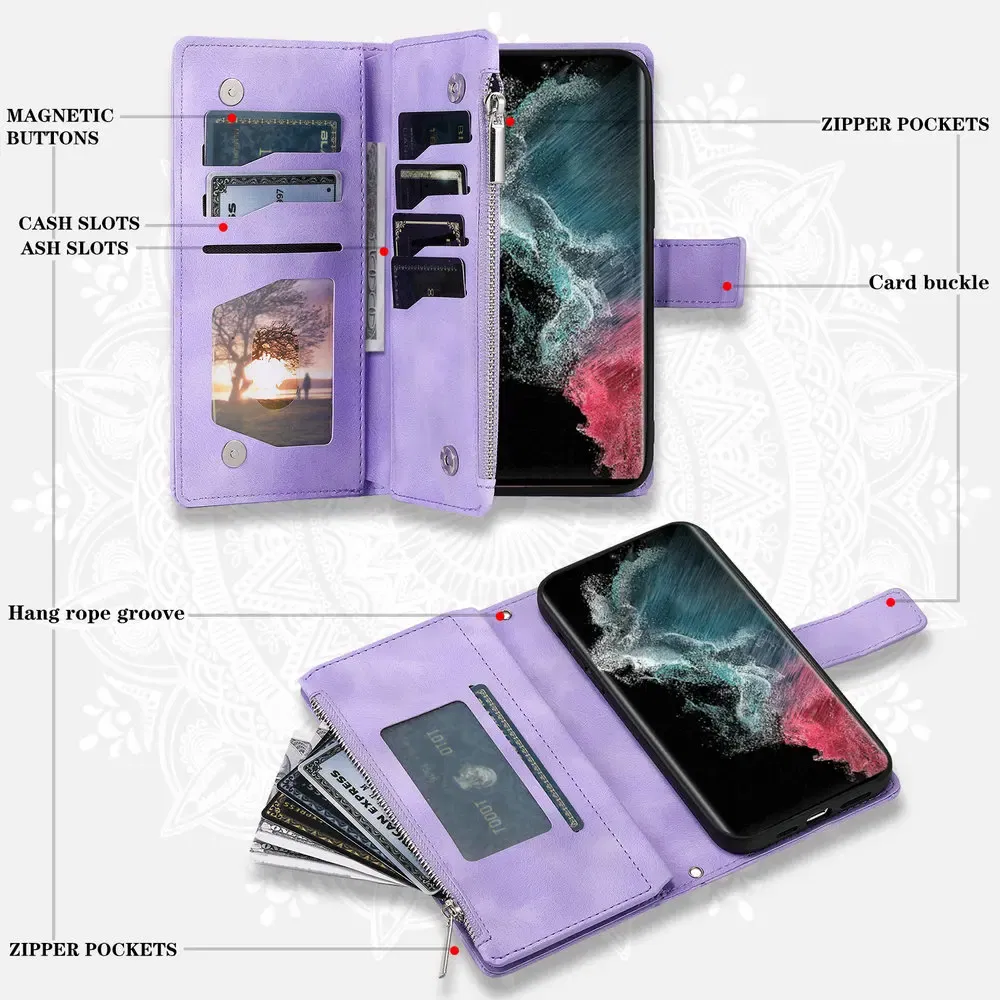 Color: Light Gray, Material: Nylon - S 23 S24 Ultra 5G Leather Case for Samsung Galaxy S23 Ultra Flip Cover Zipper CrossBody Book Funda S 24 Plus S23 FE Wallet Etui